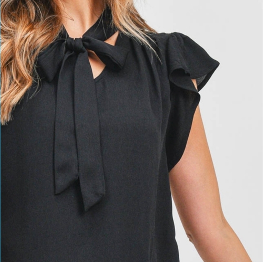 NWT Boutique Black Flutter Sleeve Tie Neck Blouse - Picture 5 of 10